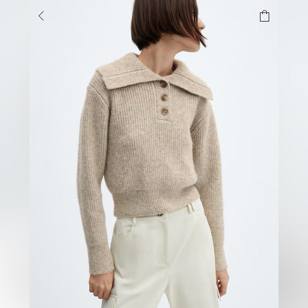 Mango CAMP-COLLAR KNIT SWEATER Sand XS - Picture 1 of 12